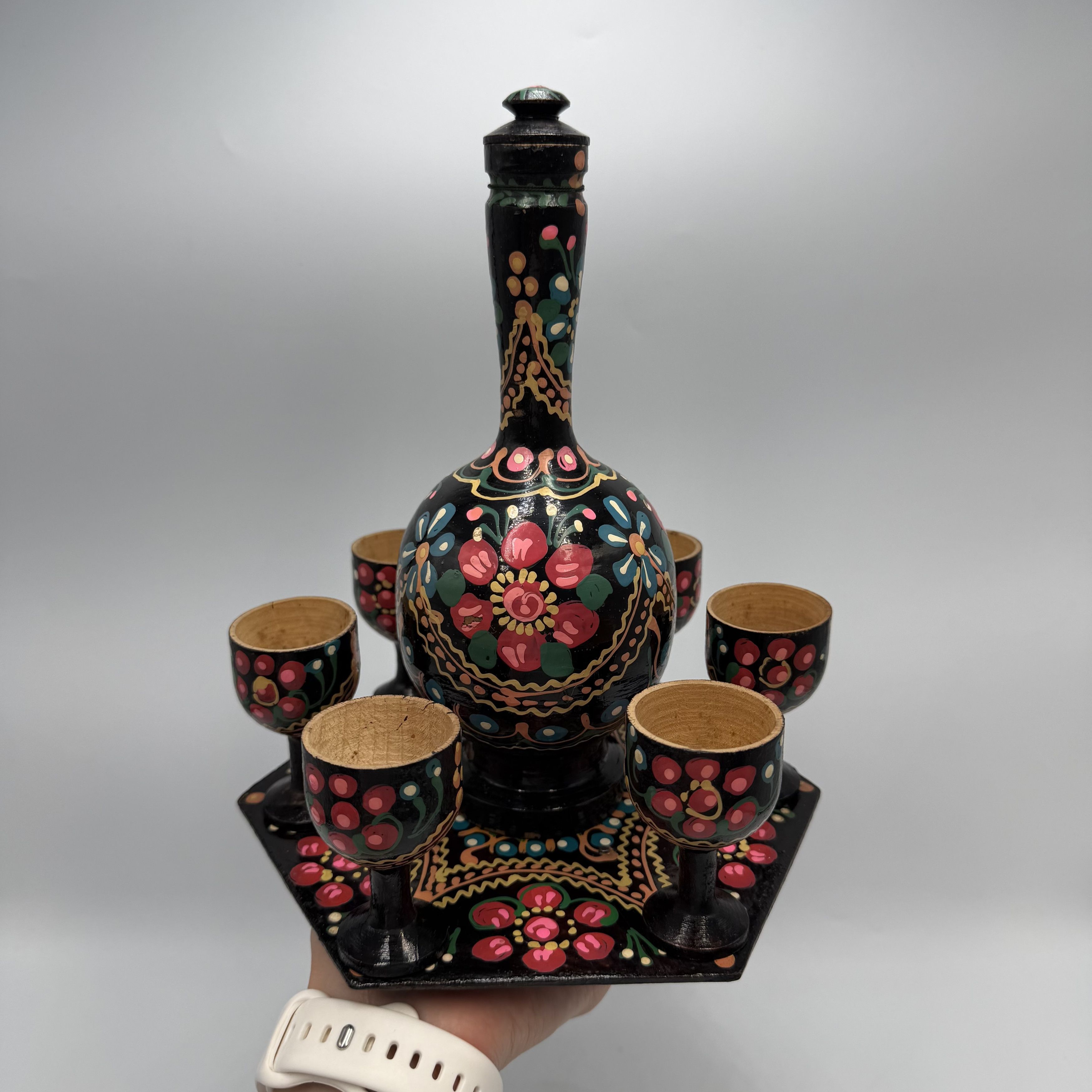 Vintage Vintage Hand Painted Wooden Decanter Set & 6 Goblets Tray Size ONE SIZE - 8 Thumbnail