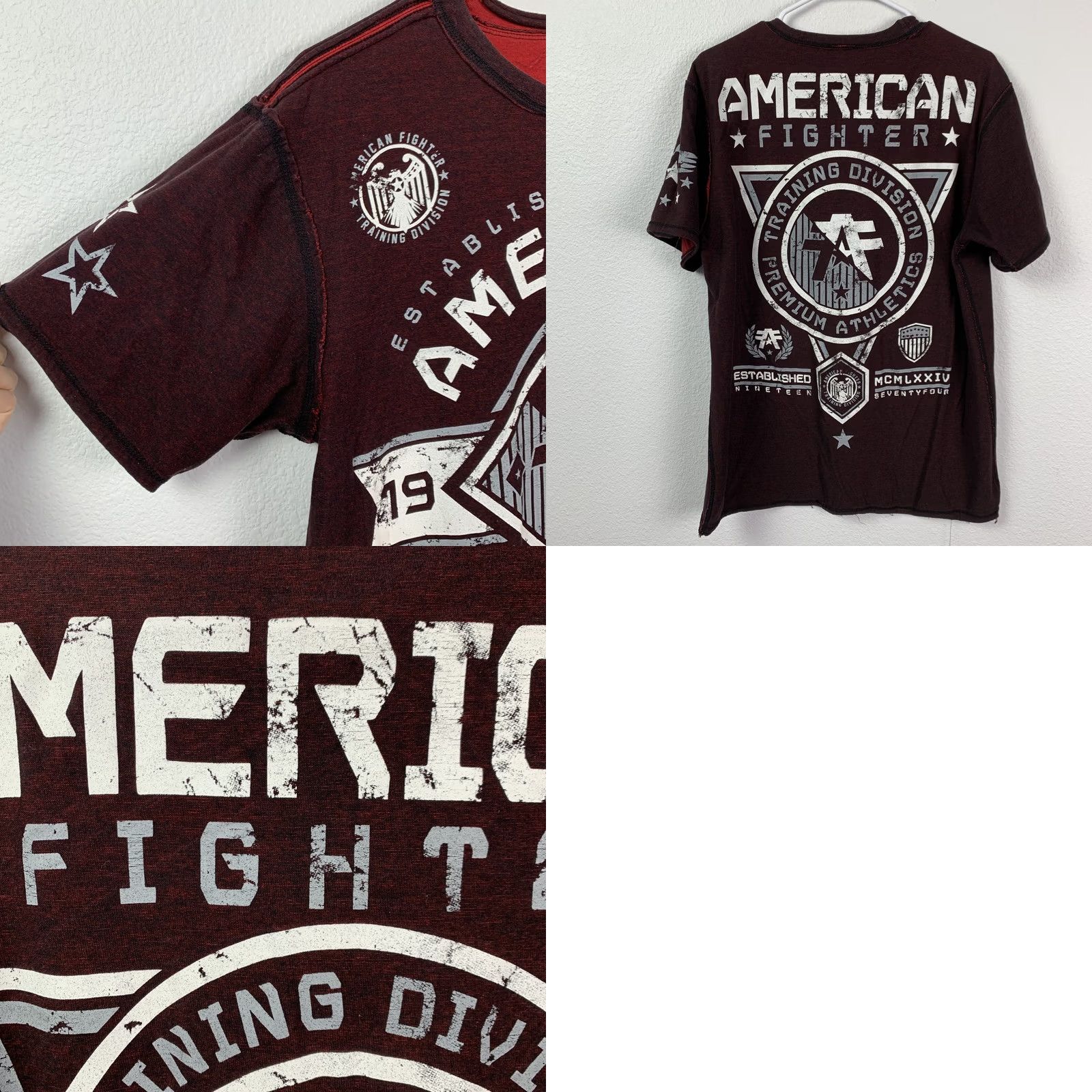 Vintage American Fighter T-Shirt Mens L Red Short Sleeve Graphic Print Tee MMA USA Fighter 90s Dock Distressed Raw Edge Graphic Double-Sided Crew Neck Size US L / EU 52-54 / 3 - 8 Thumbnail