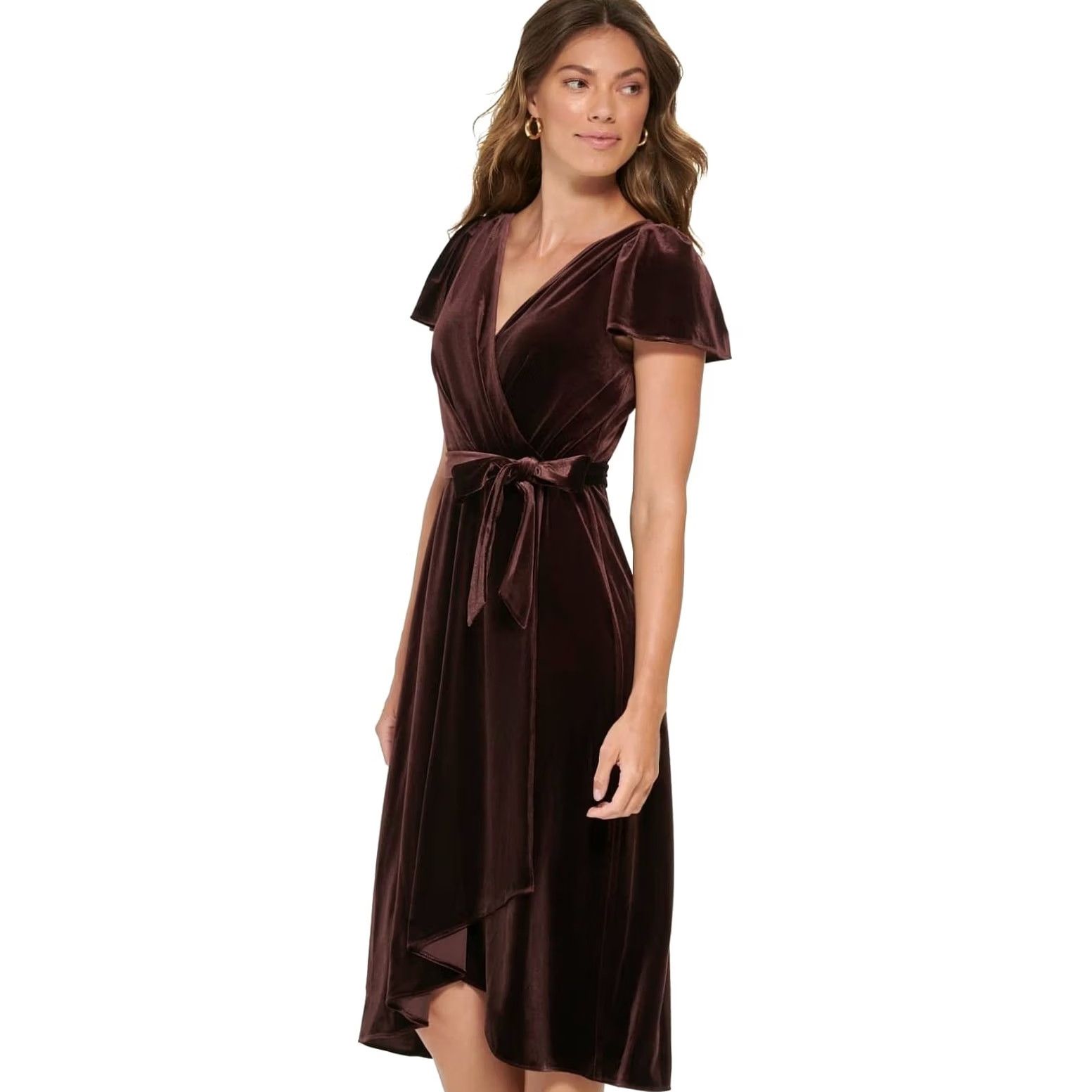 DKNY DKNY Womens Brown Velvet Faux-Wrap Flutter Sleeve Midi Belted Dress 10 Women’s Party Formal Velvet Maxi Wrap Dress Size L / US 10 / IT 46 - 2 Thumbnail
