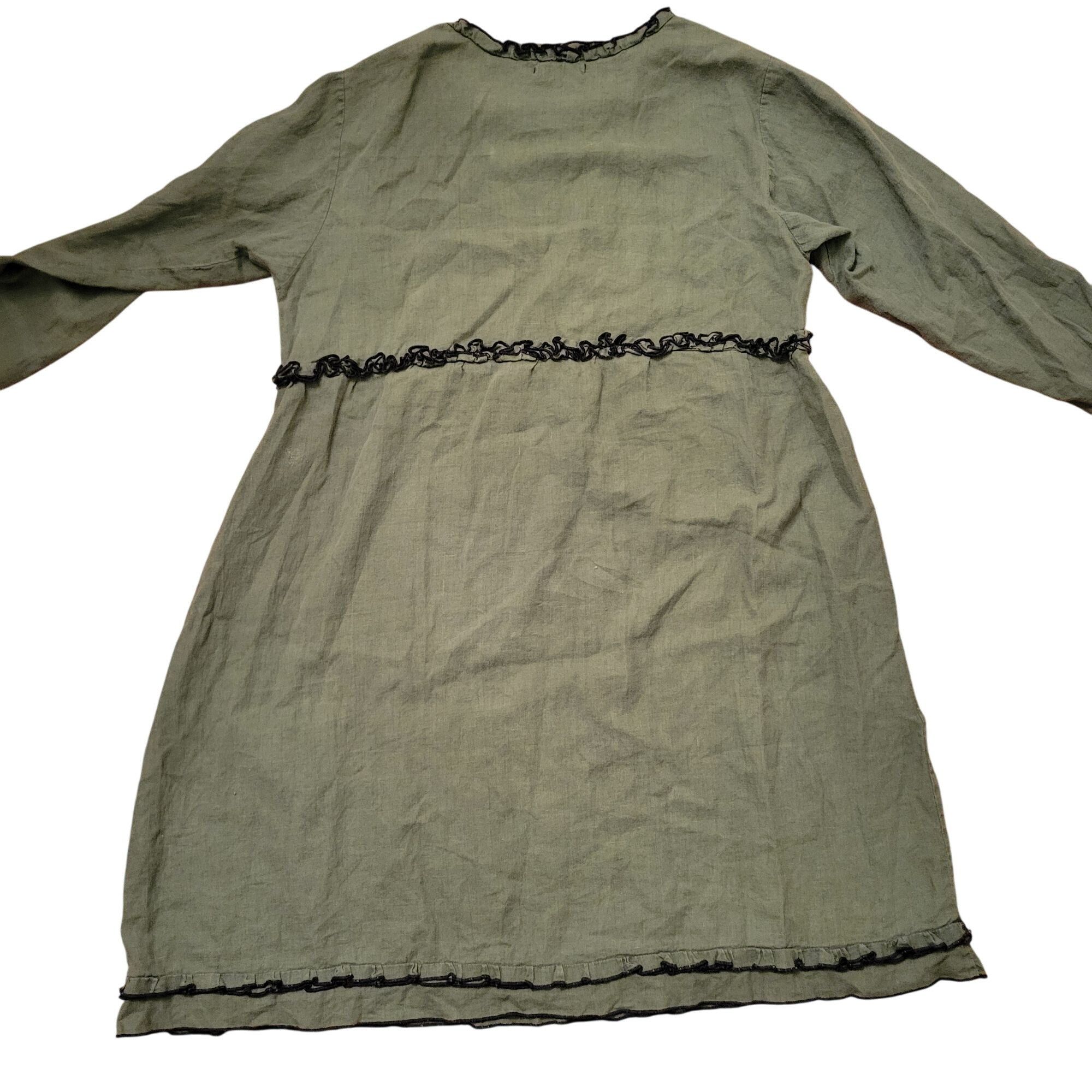 Vintage Sarah Clemens Olive Green Linen Dress Black Ruffle Trim Long Size ONE SIZE - 2 Thumbnail
