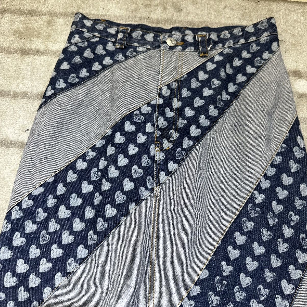 Hysteric Glamour 90s Ozone Community Distressed Heart Print Denim Maxi Skirt Size 24" / US 00 / IT 34 - 3 Thumbnail