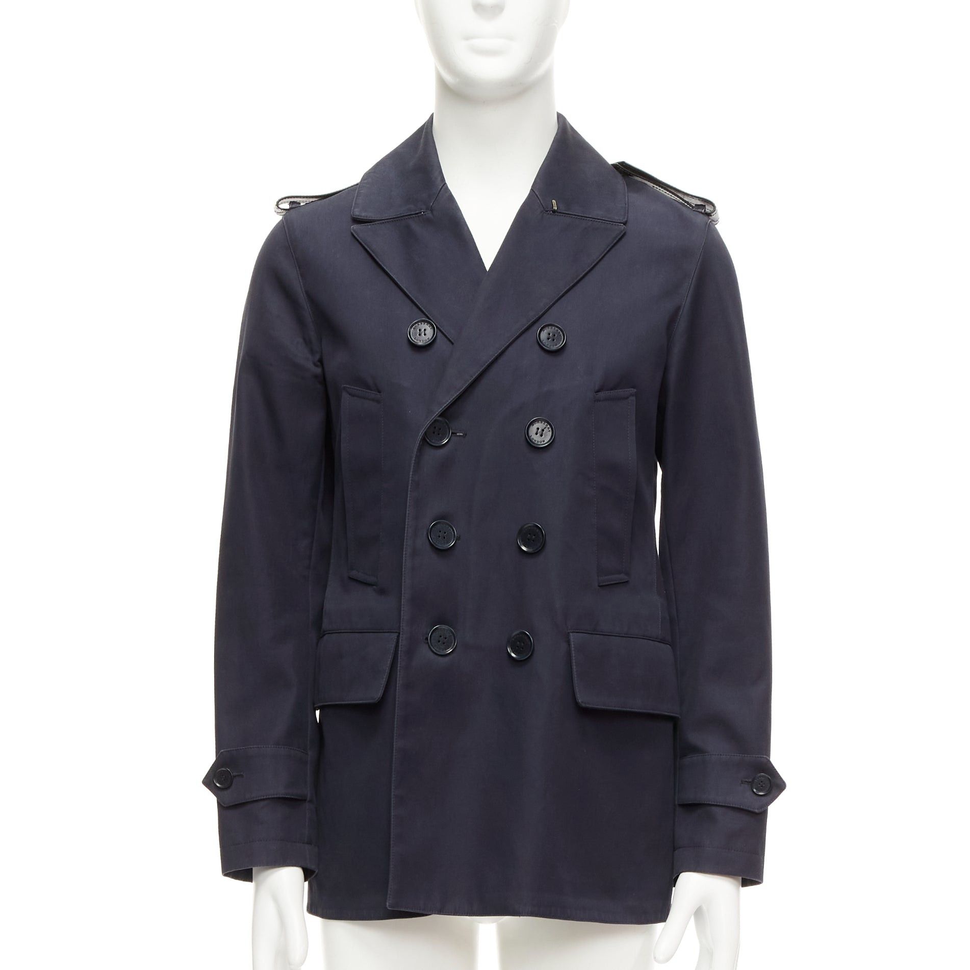 BURBERRY navy cotton wool lined leather epaulet short trench coat IT48 M