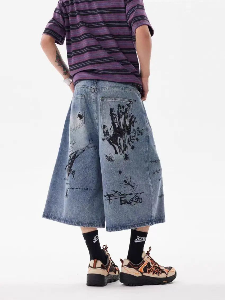 Designer × Japanese Brand Vintage Loose Fit Graffiti Denim Shorts Size US 34 / EU 50 - 3 Thumbnail