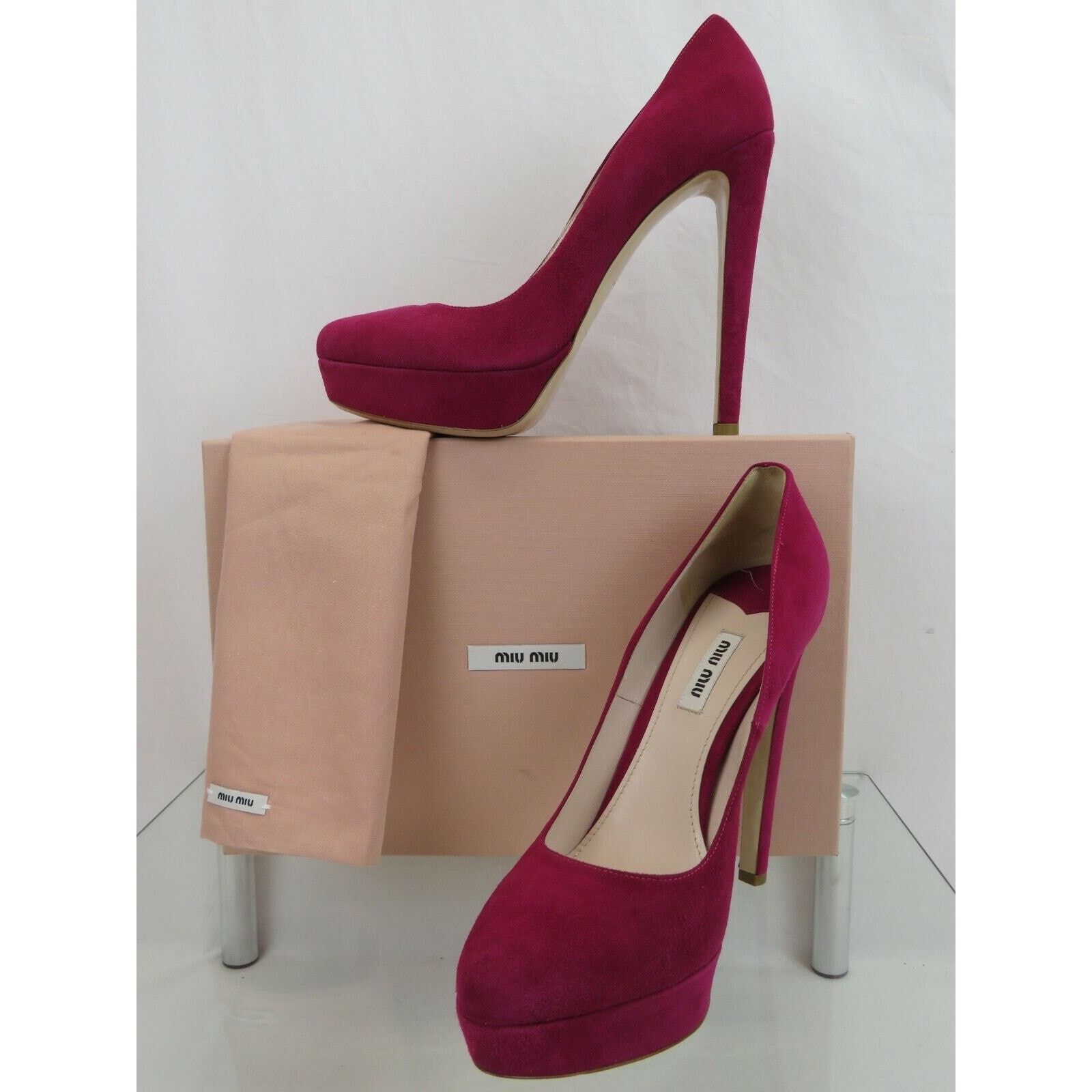 Miu Miu 5IP355 BURGUNDY SUEDE CLASSIC PLATFORM HEEL PUMPS 40 ITALY Size US 10 / IT 40 - 2 Thumbnail