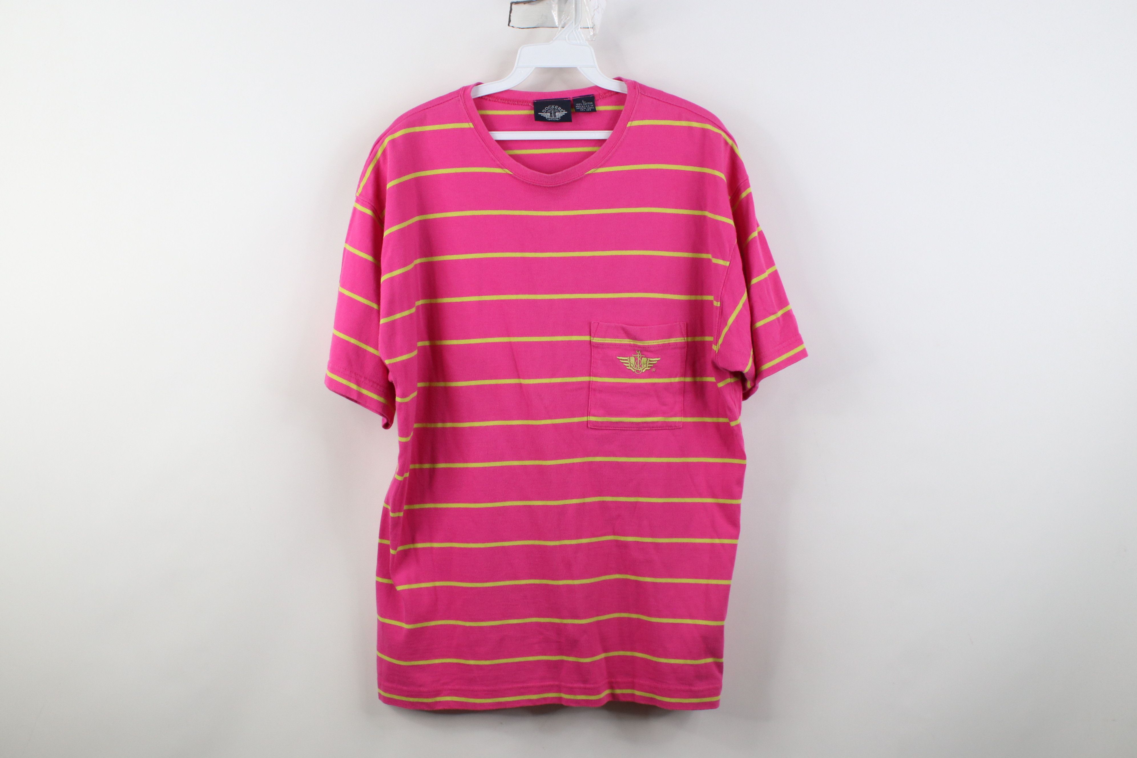Dockers Vintage 90s Dockers Levi's Striped Pocket T-Shirt Pink USA Size L / US 10 / IT 46 - 1 Thumbnail
