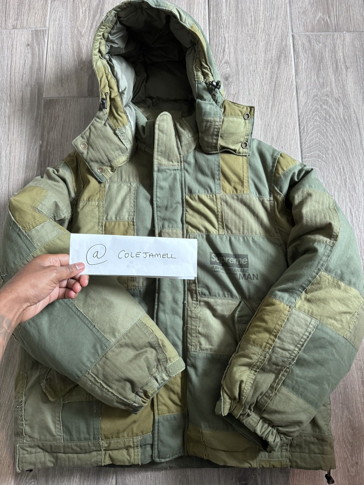 Supreme Supreme x Junya Watanabe Olive “Patchwork” puffer | Grailed