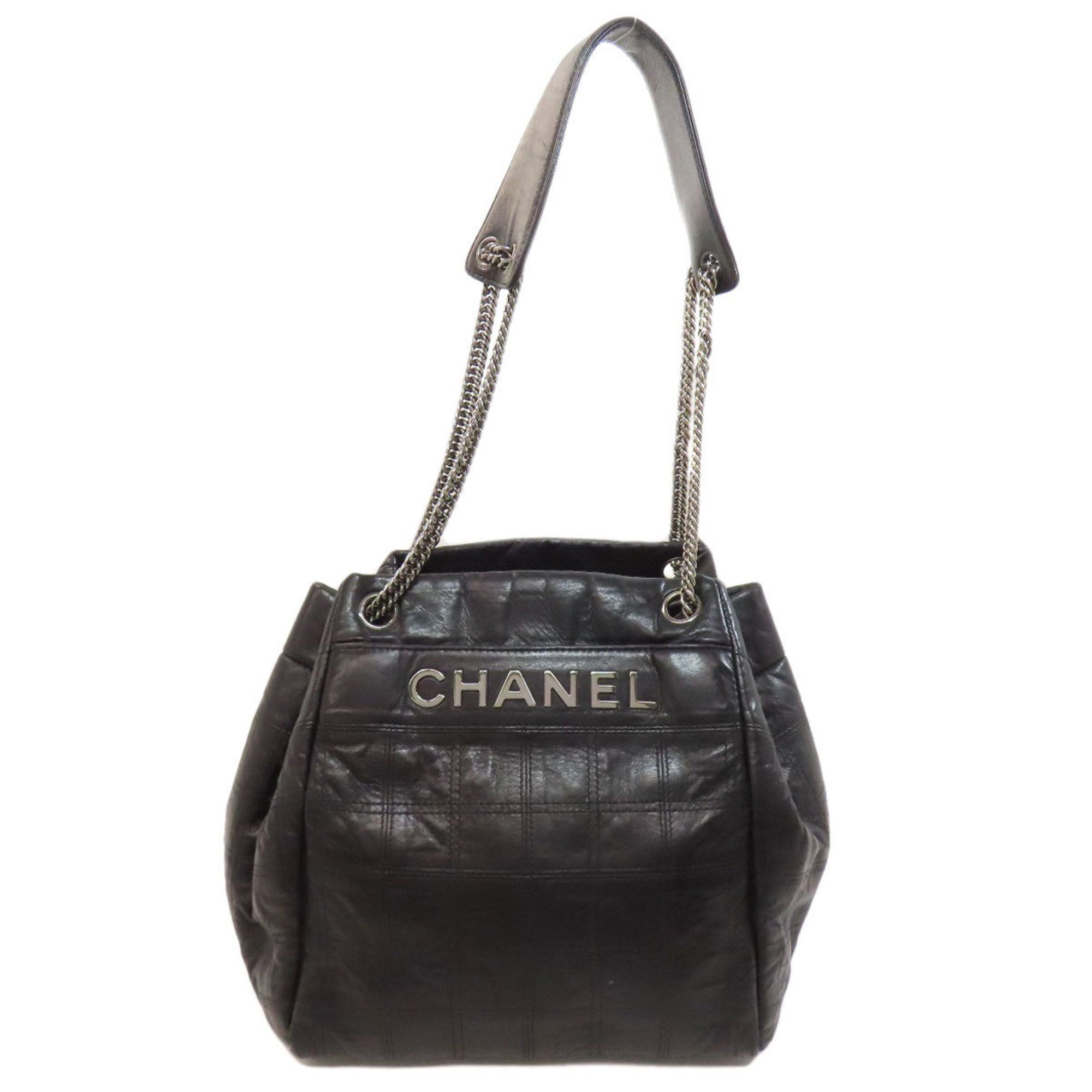Chanel Chocolate Bar Shoulder Bag Calf Leather Women's in Black