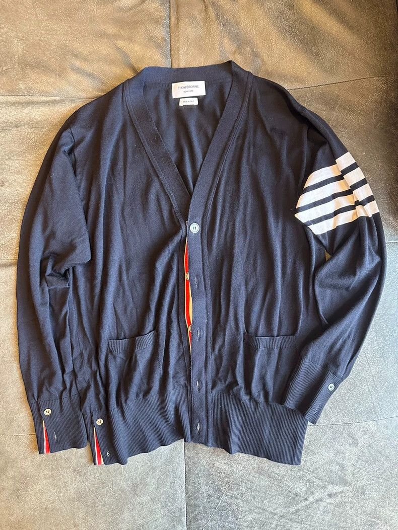 Thom Browne Thom Browne A dark blue wool knit cardigan Size US XL / EU 56 / 4 - 1 Thumbnail