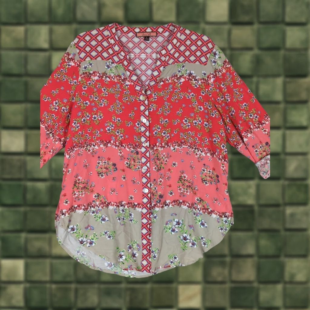 Anthropologie Anthropologie Olive Hill Boho Blouse Tunic Top Floral Multicolor L Womens V-Neck Roll Tab Sleeve House Holiday Party/Cocktail Travel Workwear Casual Size L / US 10 / IT 46 - 1 Thumbnail