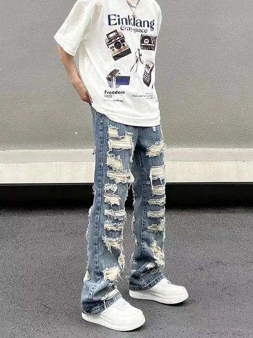 Retro washed street ripped straight jeans
