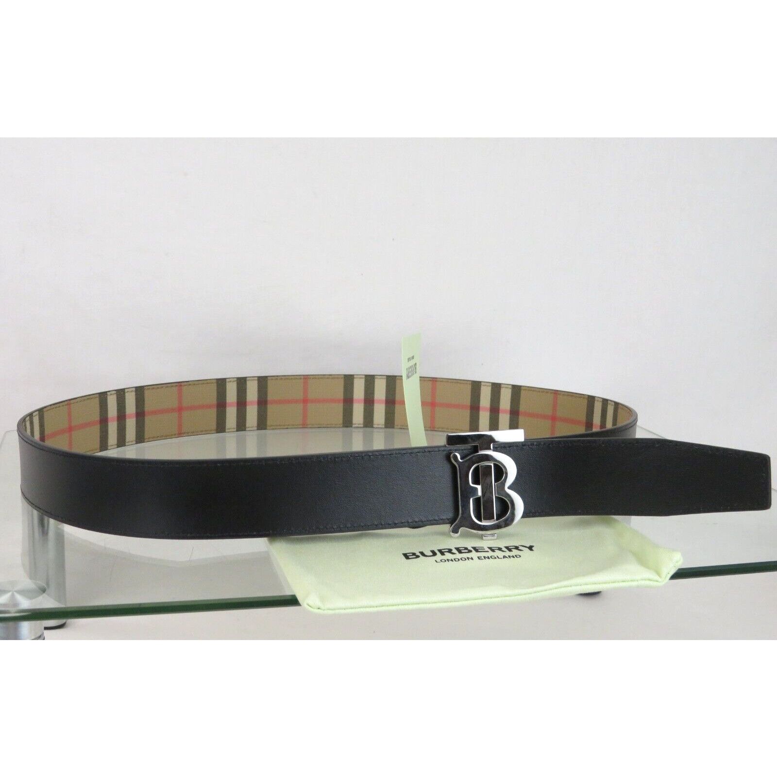 Burberry TB 35 BEIGE CHECK BLACK LEATHER REVERSIBLE LOGO BELT 90/36 Size 36 - 6 Thumbnail