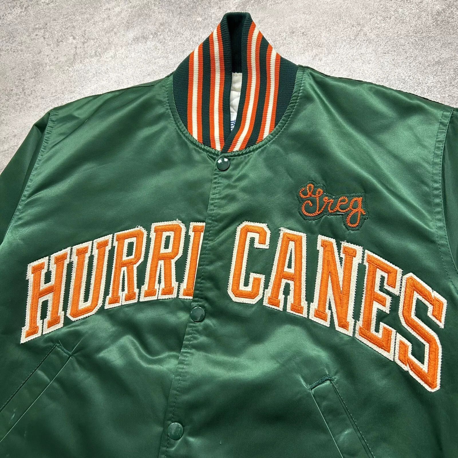 NCAA × Starter × Vintage MIAMI HURRICANES STARTER SATIN JACKET SPELLOUT SIZE S Size US S / EU 44-46 / 1 - 3 Thumbnail