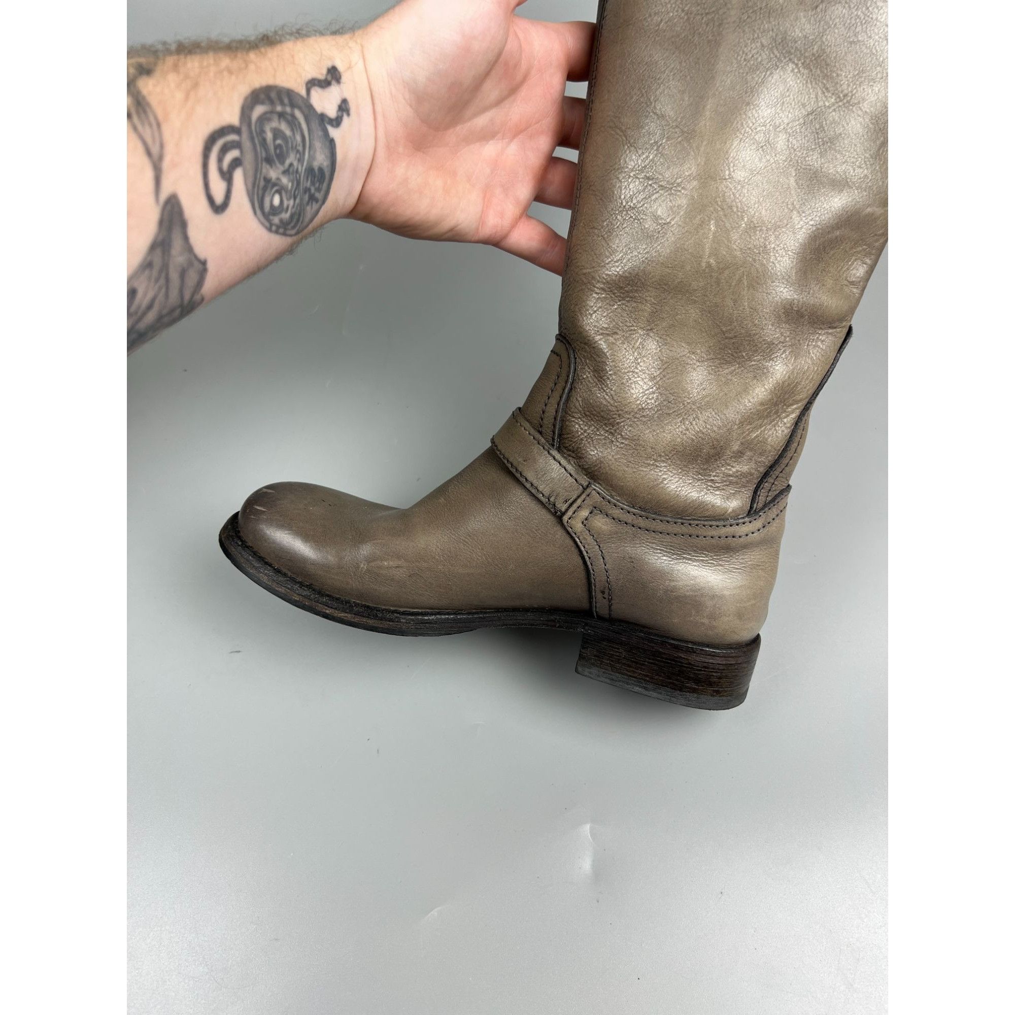 MoMA Moma Gray Leather Knee High Combat Boots (Y1007) Size US 7 / IT 37 - 13 Thumbnail