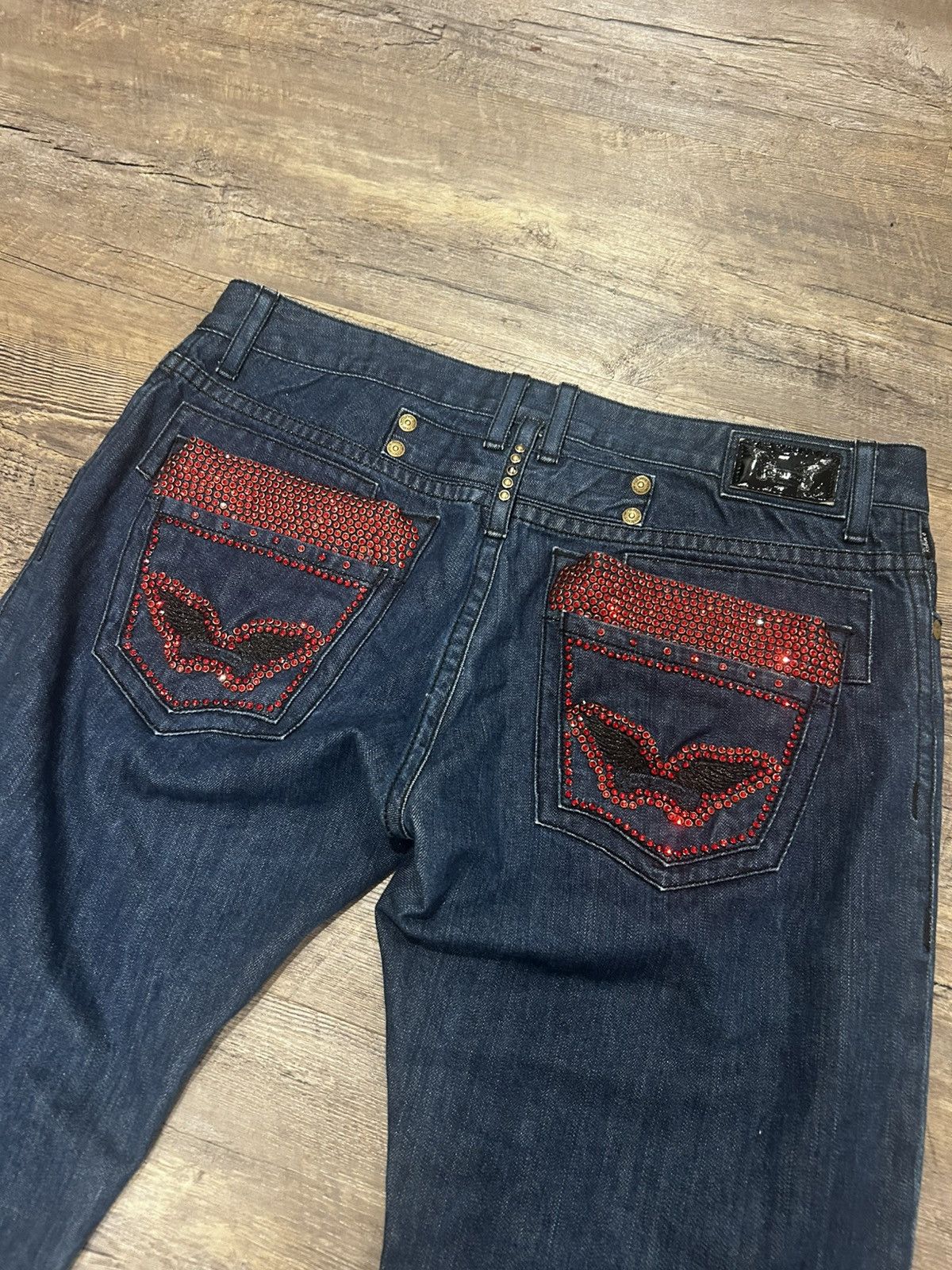 Robins Jeans 💥 Straight Blue Jeans with Custom Red Crystals 💥 Size US 38 / EU 54 - 2 Thumbnail
