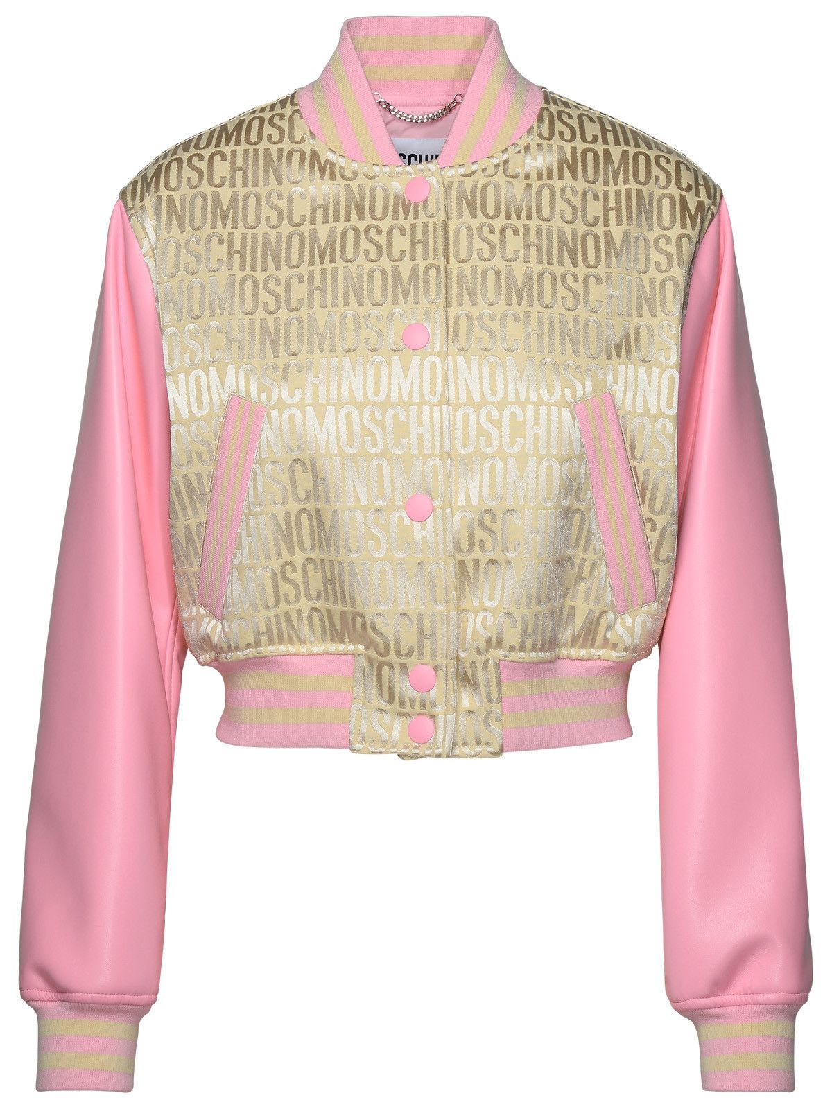 image of Moschino Logo Beige Cotton Blend Bomber Jacket in Ivory, Women's (Size Small)