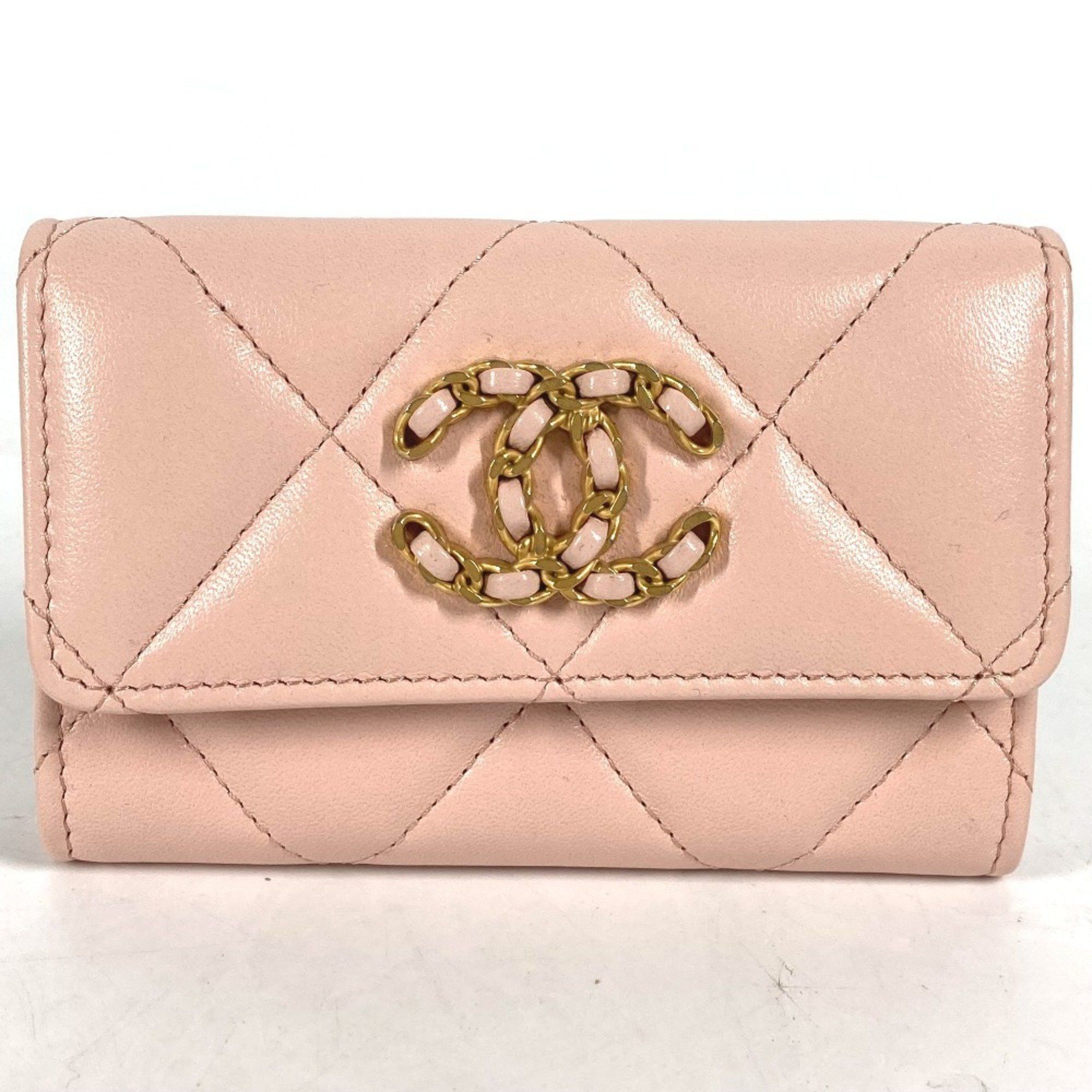CHANEL 19 Line Chain CC Card Case Matelasse Coco Mark Wallet Coin Lambskin Women's Pink