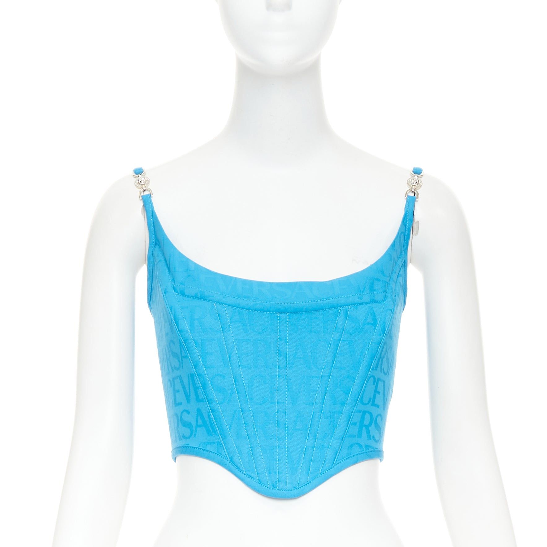 Versace new VERSACE Medusa '95 Mediterranean Blue monogram boned silver buckle crop top IT38 XS Size XS / US 0-2 / IT 36-38 - 1 Thumbnail