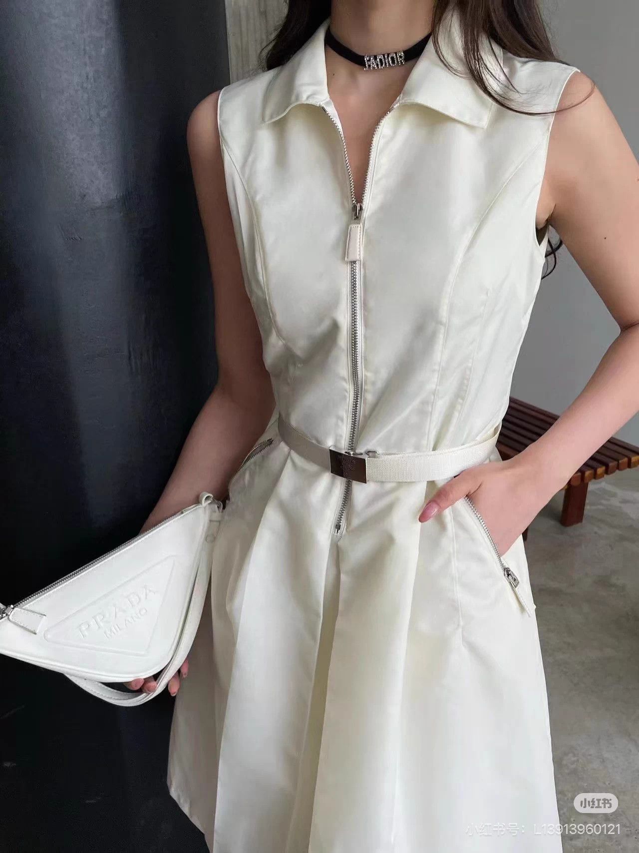 Prada Prada Cream Lapel Sleeveless Tie Half-Zip 36s Dress Size XS / US 0-2 / IT 36-38 - 8 Thumbnail