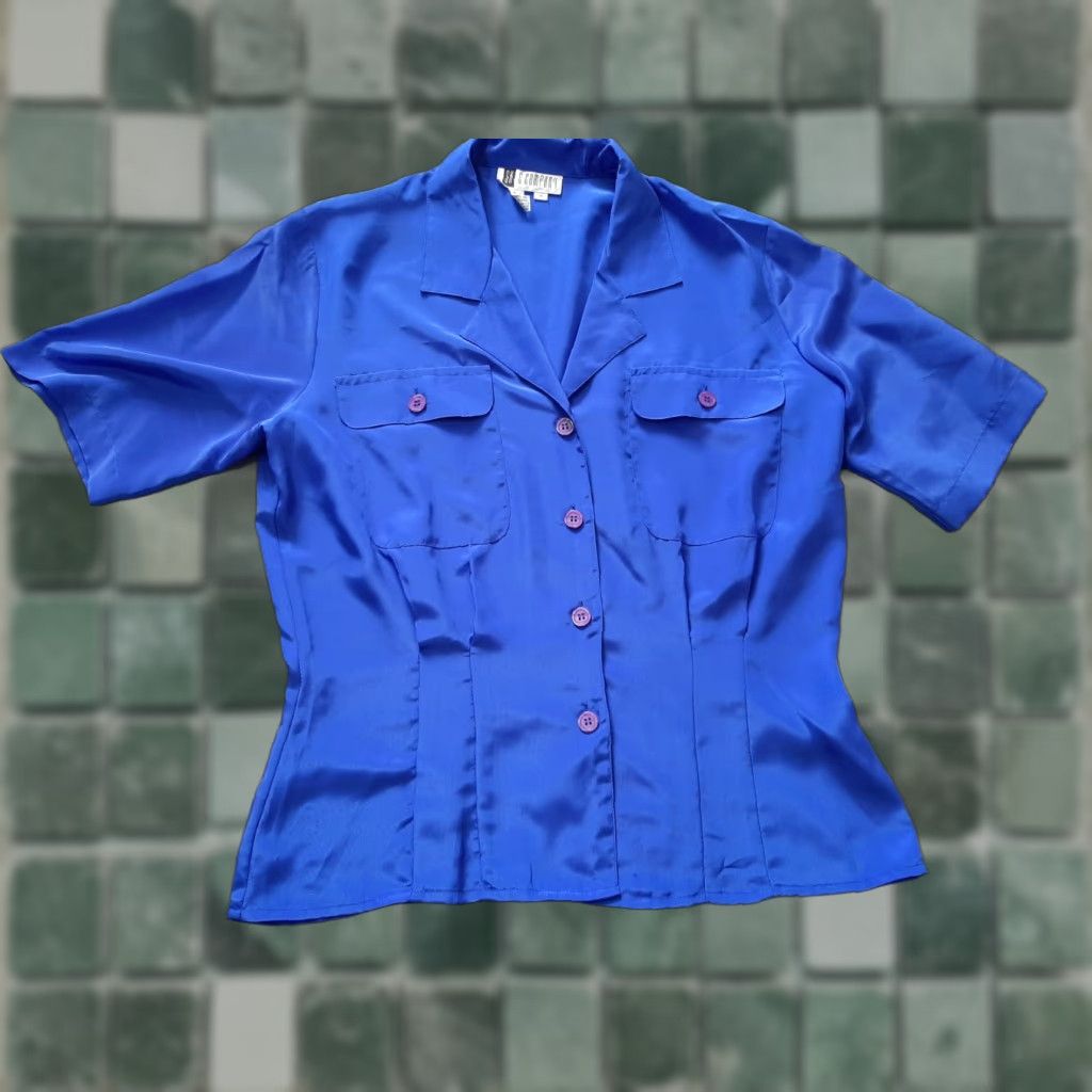 Vintage Womens Blouse SK and Company Button-Up Size 10 Blue Pockets Crew Neck Cropped Button-Up (Regular) Womens Size L / US 10 / IT 46 - 1 Thumbnail