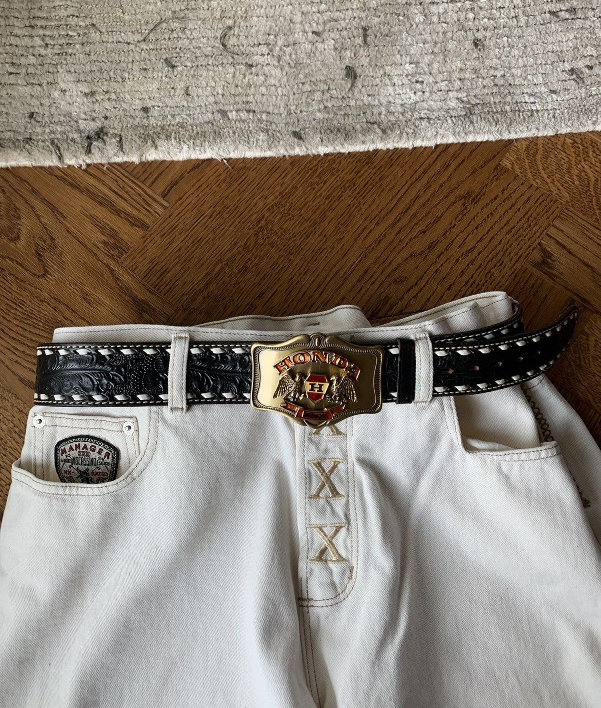 Tony Lama × Vintage 1970s Honda Tooled Leather Belt Vintage Tony Lama 38 Motor Size ONE SIZE - 3 Thumbnail