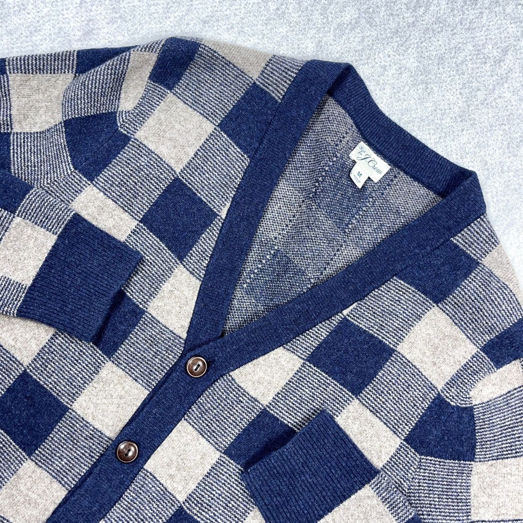 J.Crew J Crew Cardigan Sweater Men Medium Navy Blue Cream Plaid Merino Wool Grandpa Size US M / EU 48-50 / 2 - 2 Thumbnail