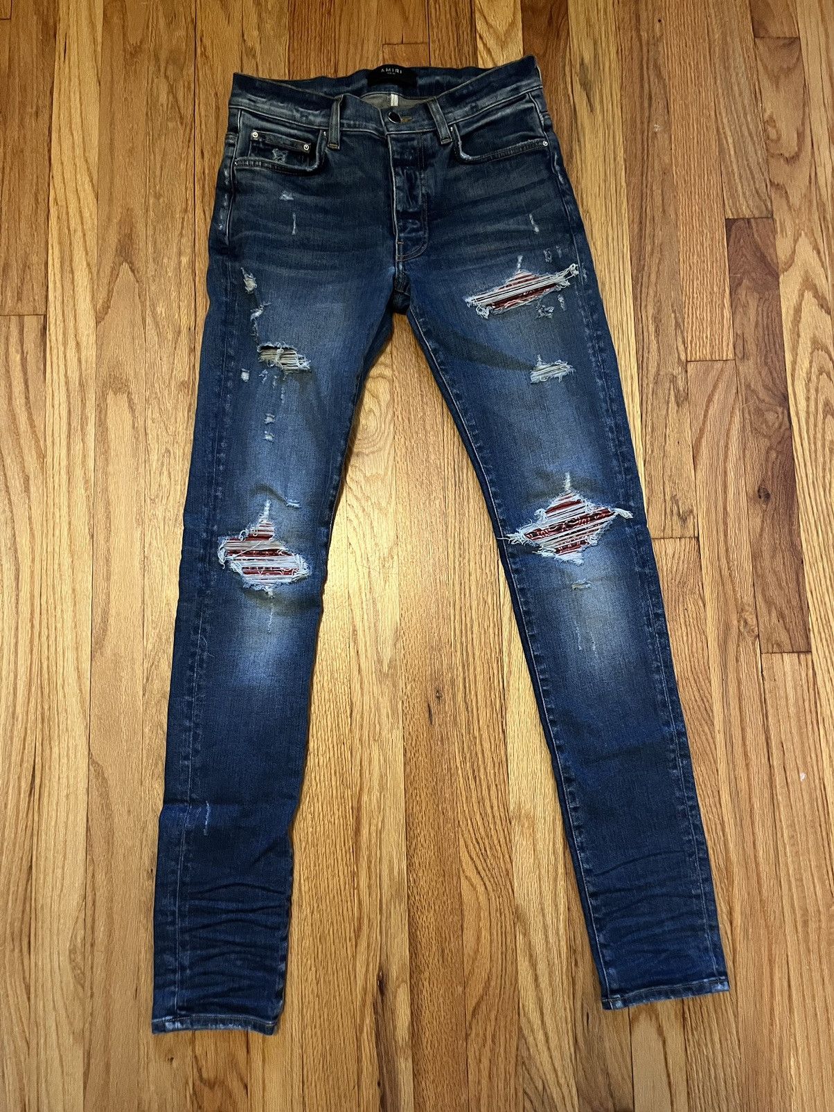 Pre-owned Amiri Jeans Blue Mx1 Red Bandana Patch