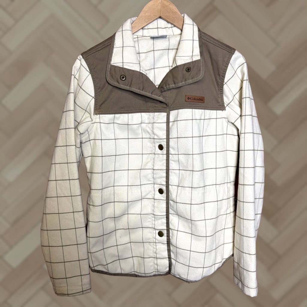Vintage Columbia Women's Medium Fleece Jacket Checkered Print Full-Zip Brown Beige Size M / US 6-8 / IT 42-44 - 1 Thumbnail
