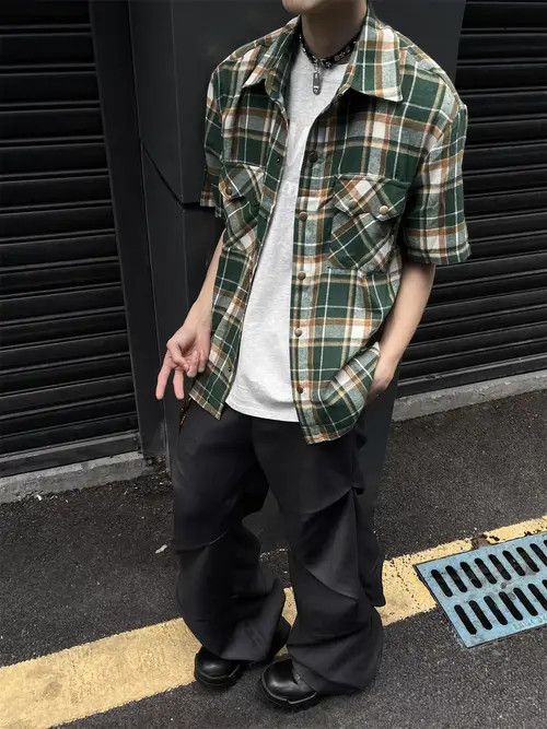 Japanese Brand Haseki x Hada Green Plaid Loose Casual Plaid Shirt Size US M / EU 48-50 / 2 - 3 Thumbnail