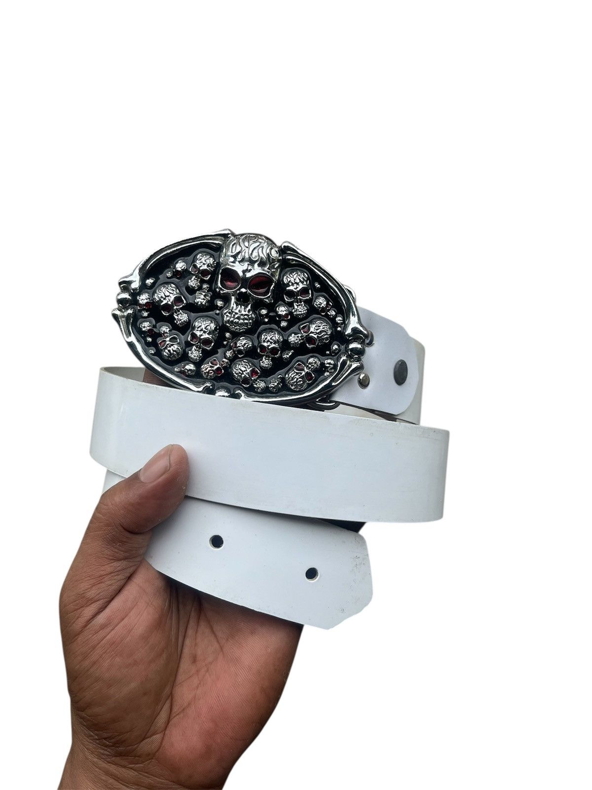If Six Was Nine Gothic Skull Heavy Metal Buckle Belt White Size 32 - 2 Thumbnail