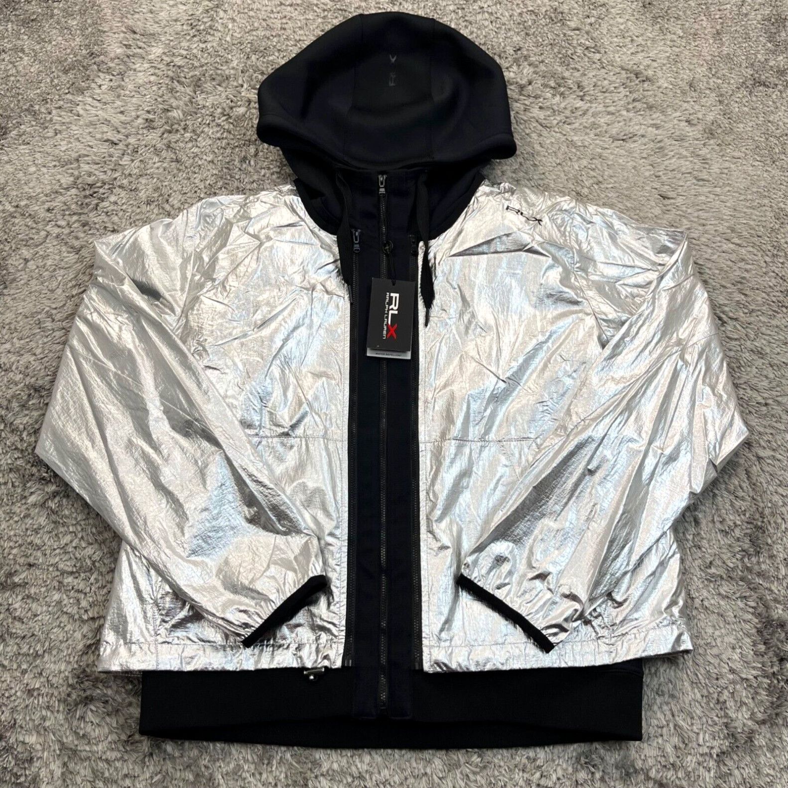 image of Vintage Rlx Ralph Laurent Jacket Mens Large Silver Hooded 3-In-1 Water Repellent Coat NWT in White