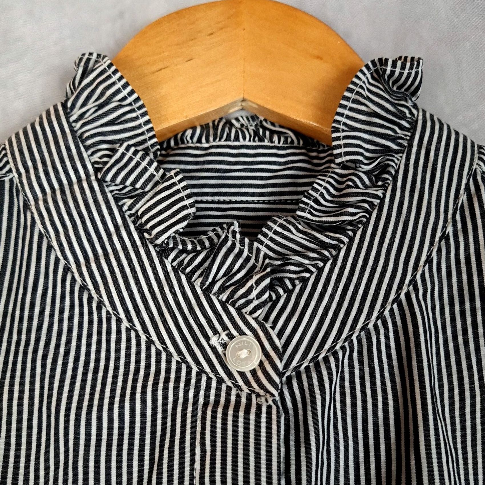 Nili Lotan Nili Lotan Blouse Womens Large Black White Striped Ruffle Neck Button Front Cuff Size L / US 10 / IT 46 - 3 Thumbnail