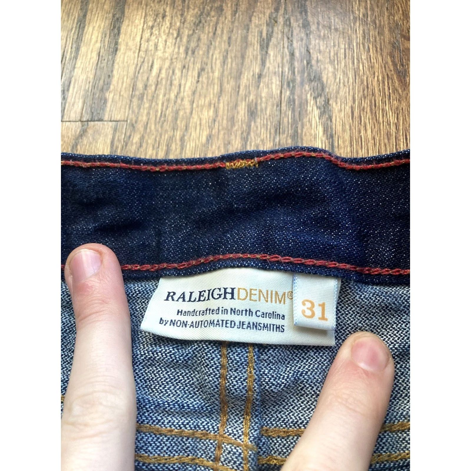 Raleigh Denim Raleigh Denim Jeans Mens 31 Raw Denim USA Handmade White Oak Cone Mills Bootcut 34 Inseam Blue Cotton Denim 31 x 34 Regular Men USA Size US 31 - 7 Thumbnail