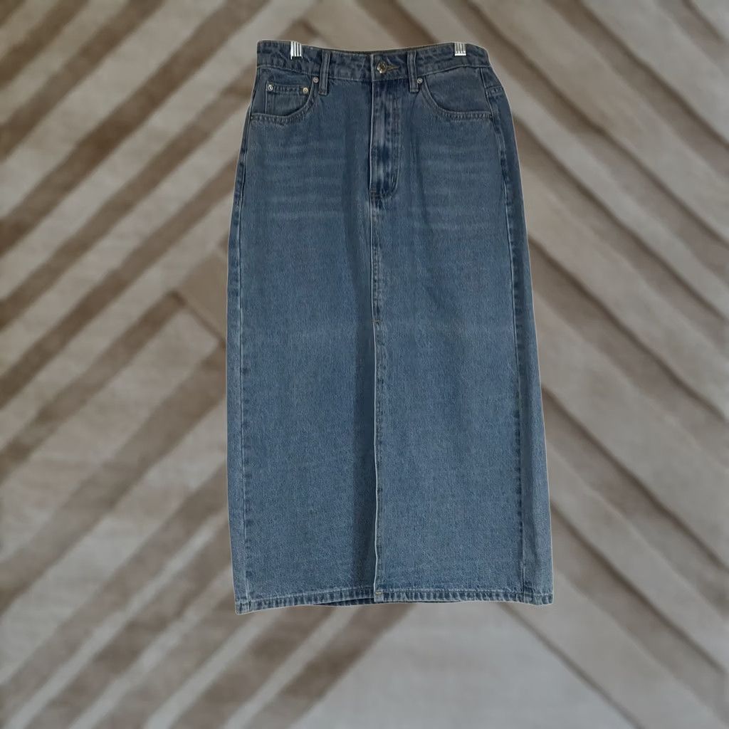 Shein SHEIN Denim Maxi Skirt Blue High Rise Straight Petite Small Wash Womens Skirt 90s Style Pockets Zip Front Button All Seasons Size 24" / US 00 / IT 34 - 1 Thumbnail
