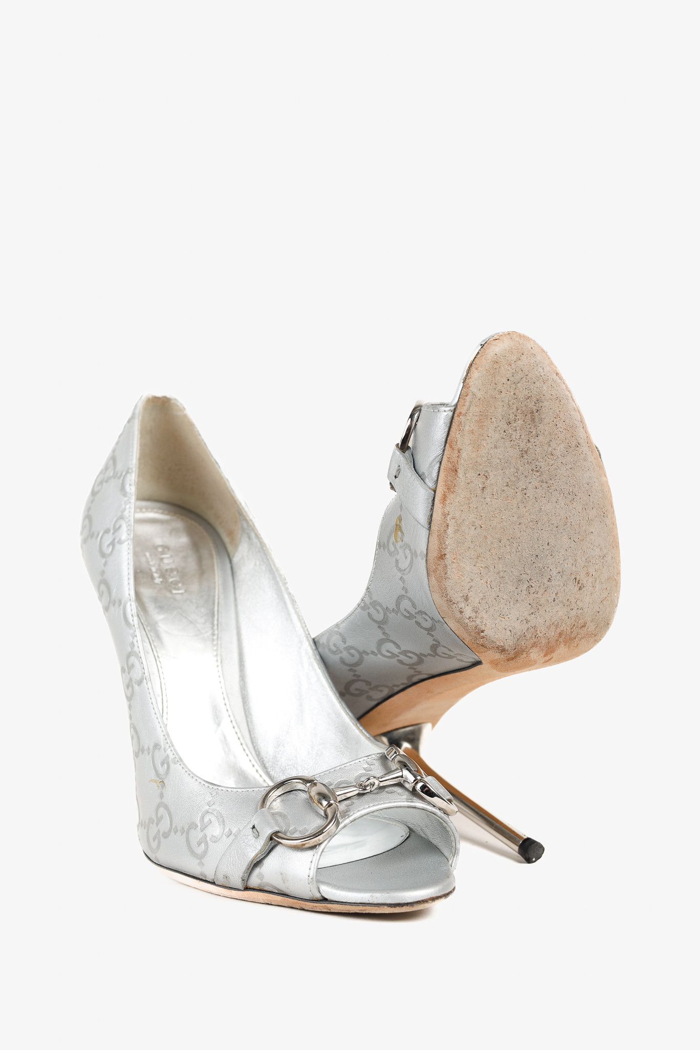 Gucci Gucci Guccisimma Silver Horsebit Metal Heel Open-Toe Pump Size US 7.5 / IT 37.5 - 4 Thumbnail