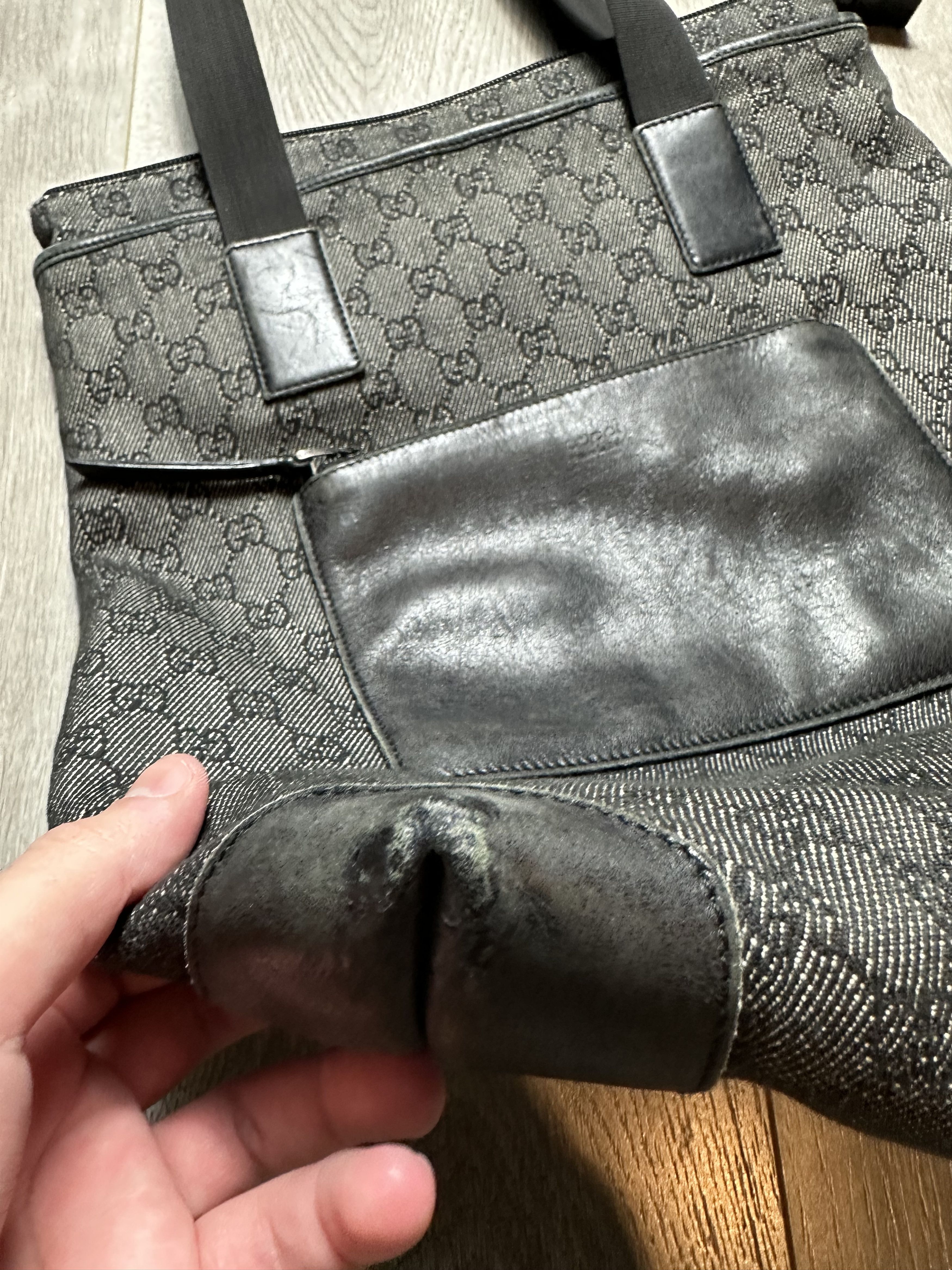 GUCCI GG Denim Canvas Tote Bag Black Leather Switch 28892