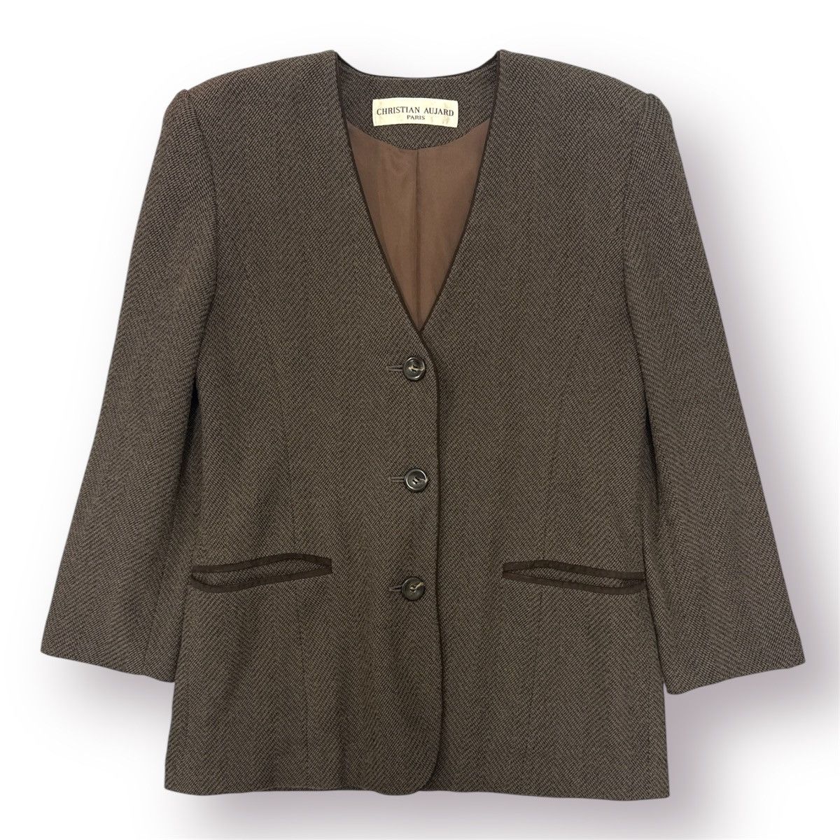 French Connection Christian Aujard Herringbone Collarless Coat Classic France Size M / US 6-8 / IT 42-44 - 1 Thumbnail