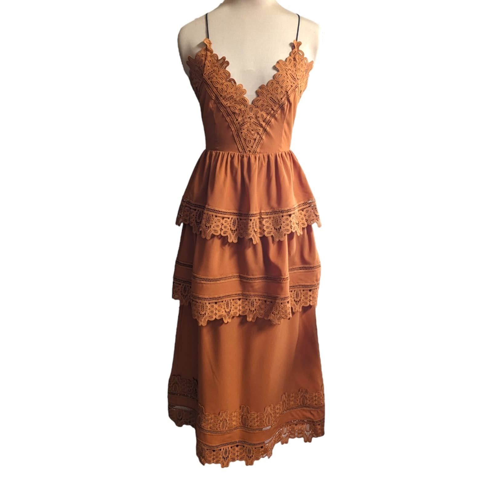 image of Self Portrait Ivy Tiered Midi Dress Lace Trim Burnt Orange 2, Women's (Size XS)