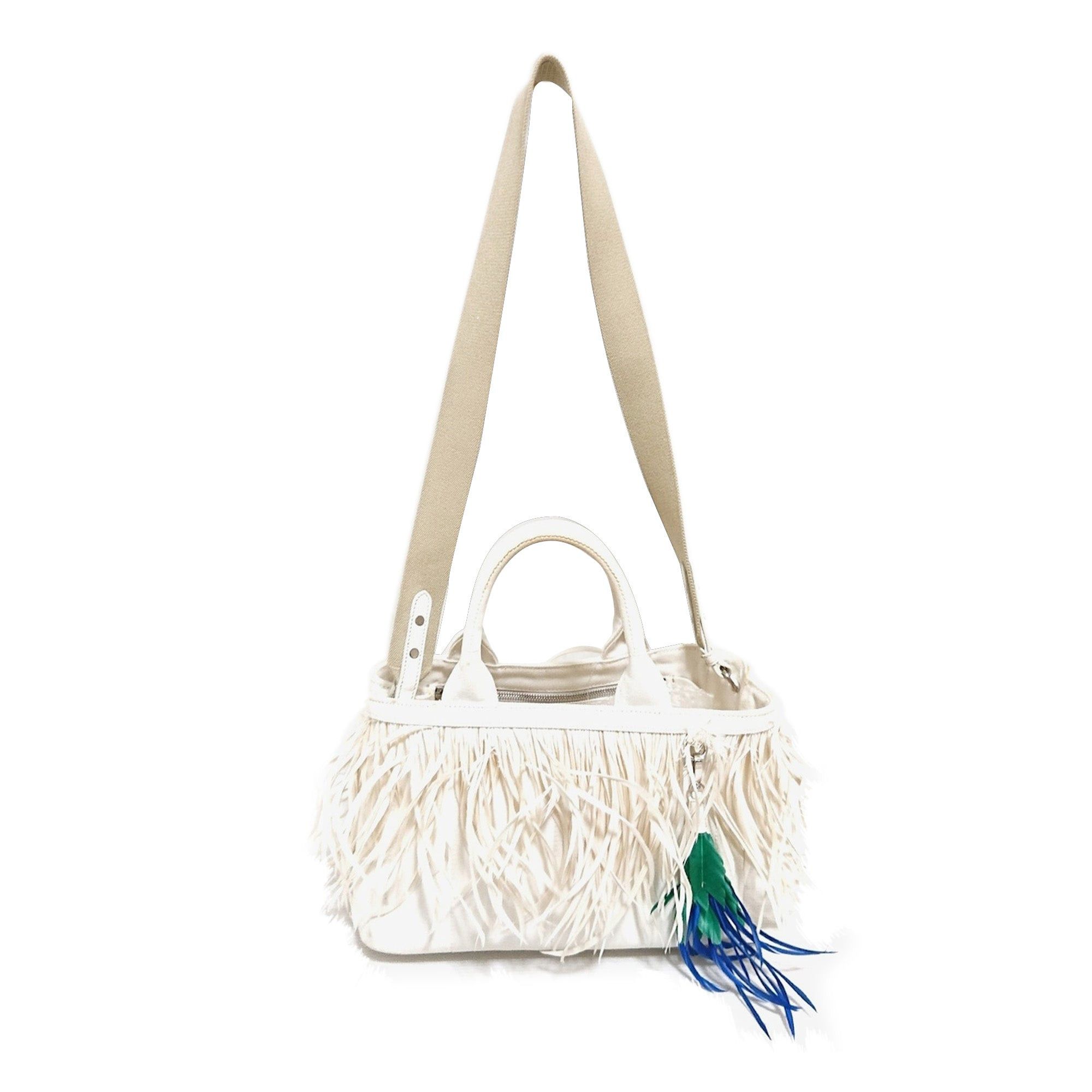 image of Prada Feather-Trimmed Canapa Satchel in White, Women's