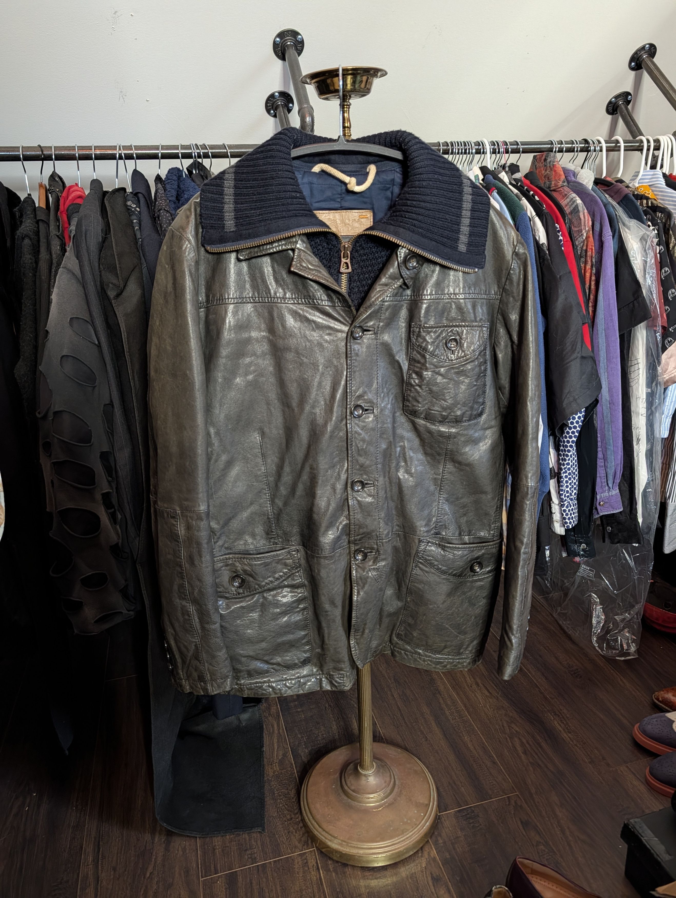 Hugo Boss Hybrid brown leather navy knit insert Thermore lined jacket Size US L / EU 52-54 / 3 - 1 Thumbnail