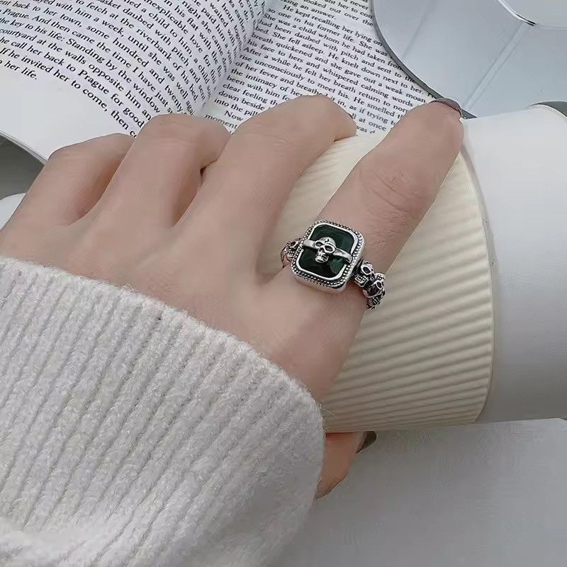 Jewelry Retro Vintage Style Skull Green Punk Ring Size ONE SIZE - 3 Thumbnail