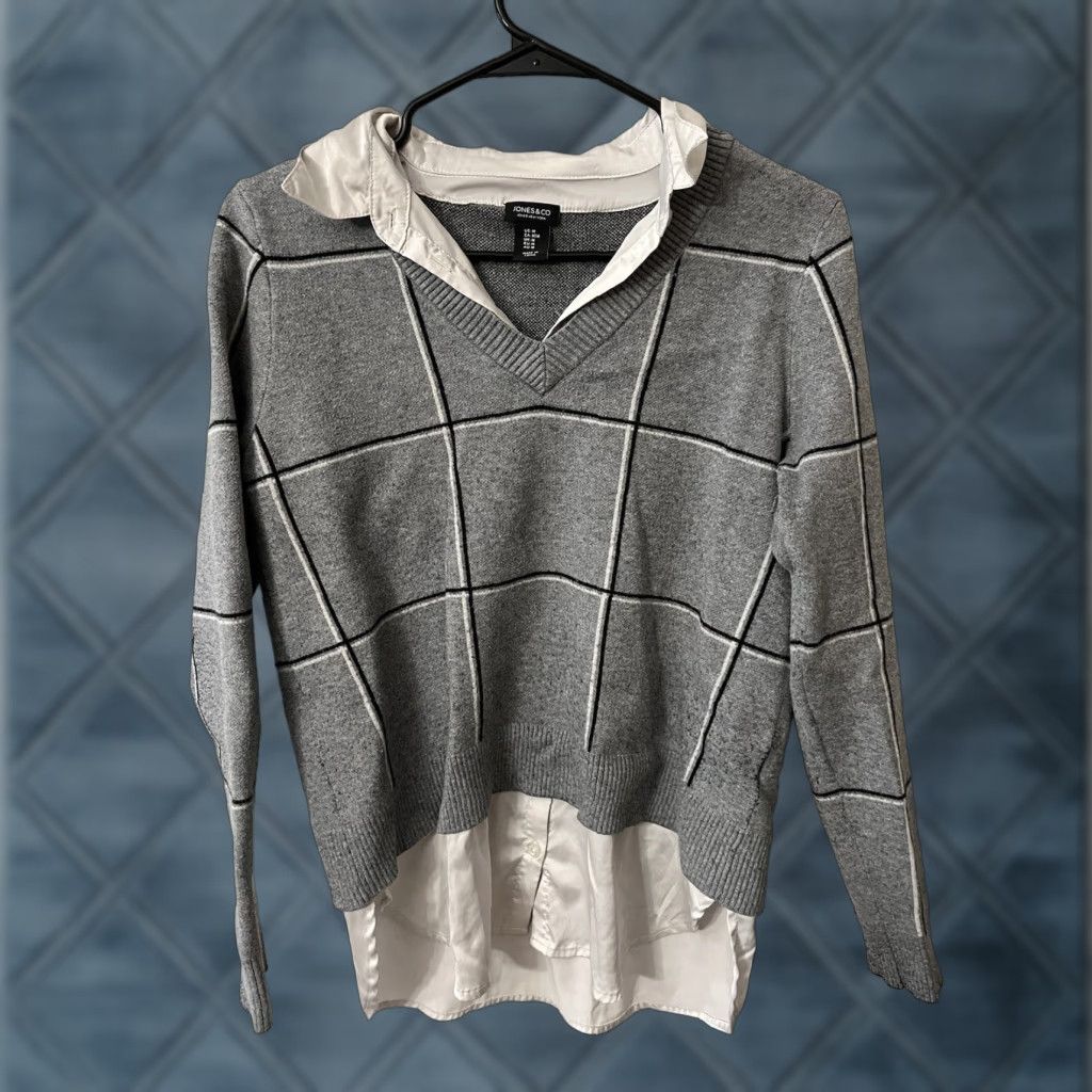 Jones New York VINTAGE Jones New York Sweater Collared Pullover Knit Plaid Gray Size M Womens Size M / US 6-8 / IT 42-44 - 1 Thumbnail