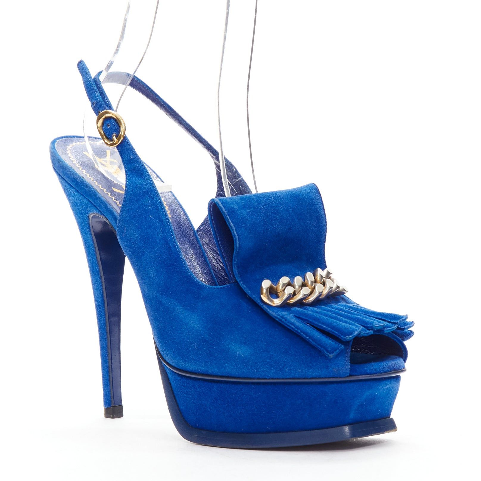 Saint Laurent Paris YVES SAINT LAURENT Tribute cobalt blue suede fringe chain platform EU37.5 Size US 7.5 / IT 37.5 - 1 Thumbnail