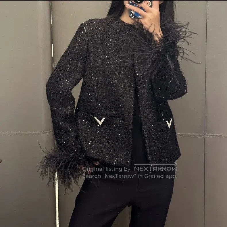 Valentino Valentino Black small fragrant tweed ostrich fur rhineston Size XXS / US 00 / IT 34 - 8 Thumbnail