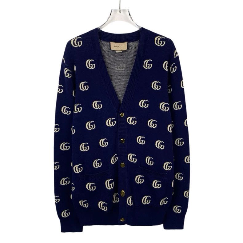 Gucci Gucci Dark blue logo jacquard full-print V-neck cotton knit Size US S / EU 44-46 / 1 - 1 Thumbnail