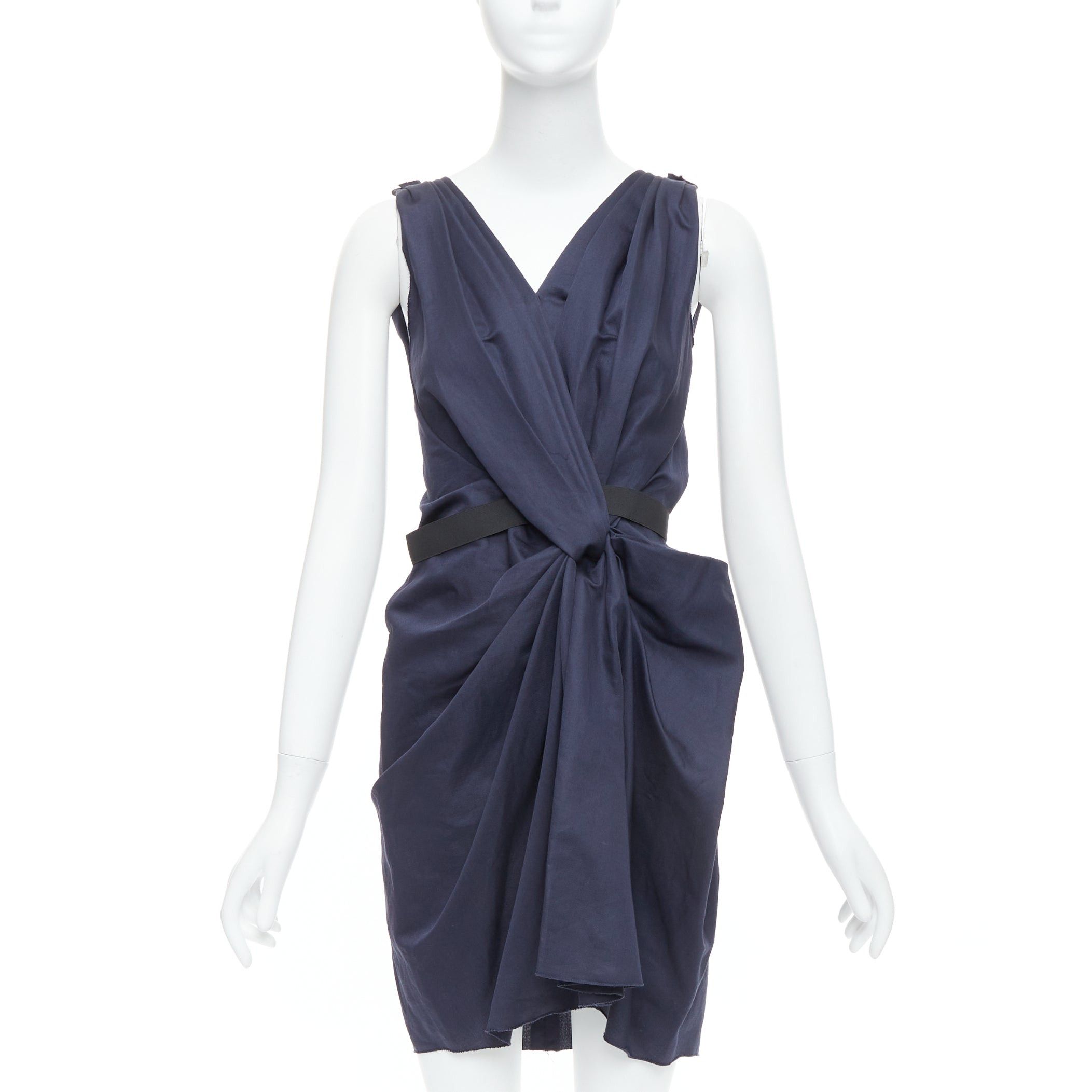 Lanvin LANVIN 2010 navy ramie cotton drape black belted mini dress FR36 S Size S / US 4 / IT 40 - 1 Thumbnail