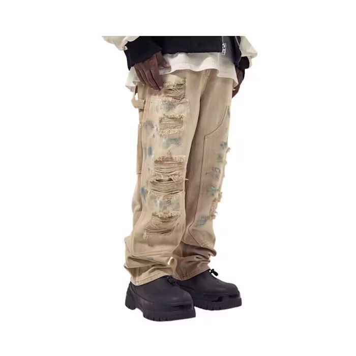 image of Paint Splatter Distressed Khaki Jeans, Men's (Size 34)