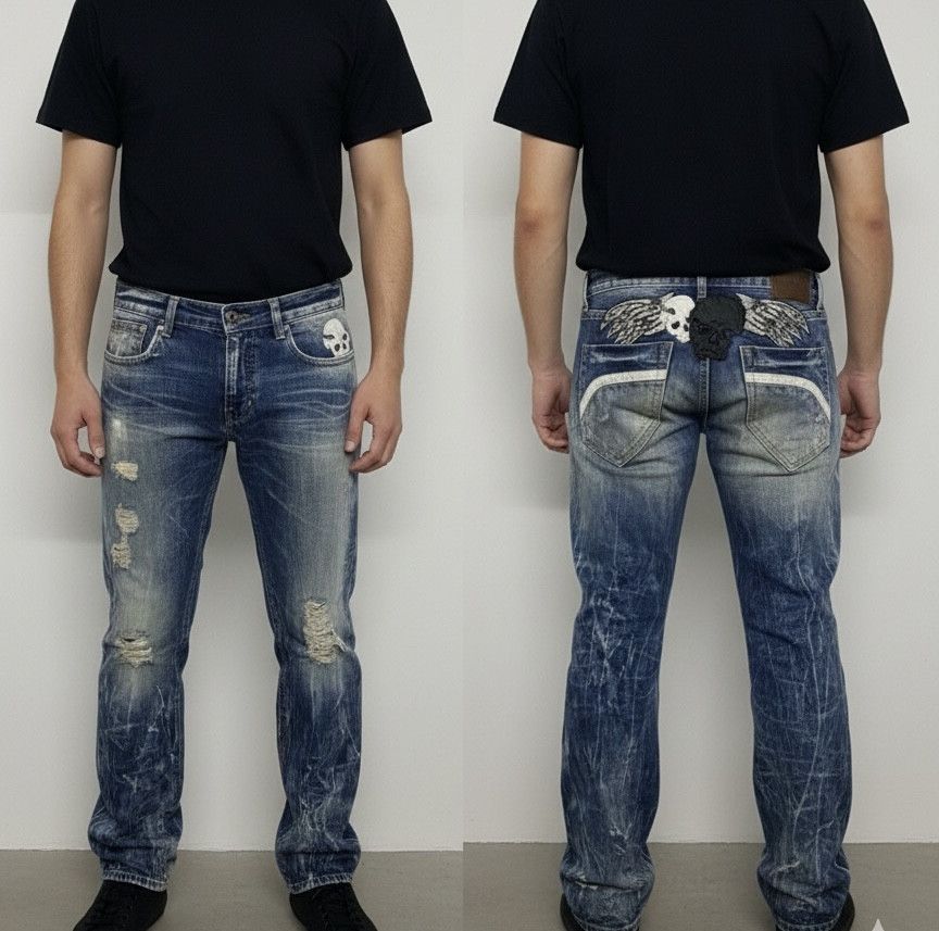 Vintage Cloud 72 Gothic Distressed Denim Jeans Ripped Skull Wing Size US 34 / EU 50 - 1 Thumbnail