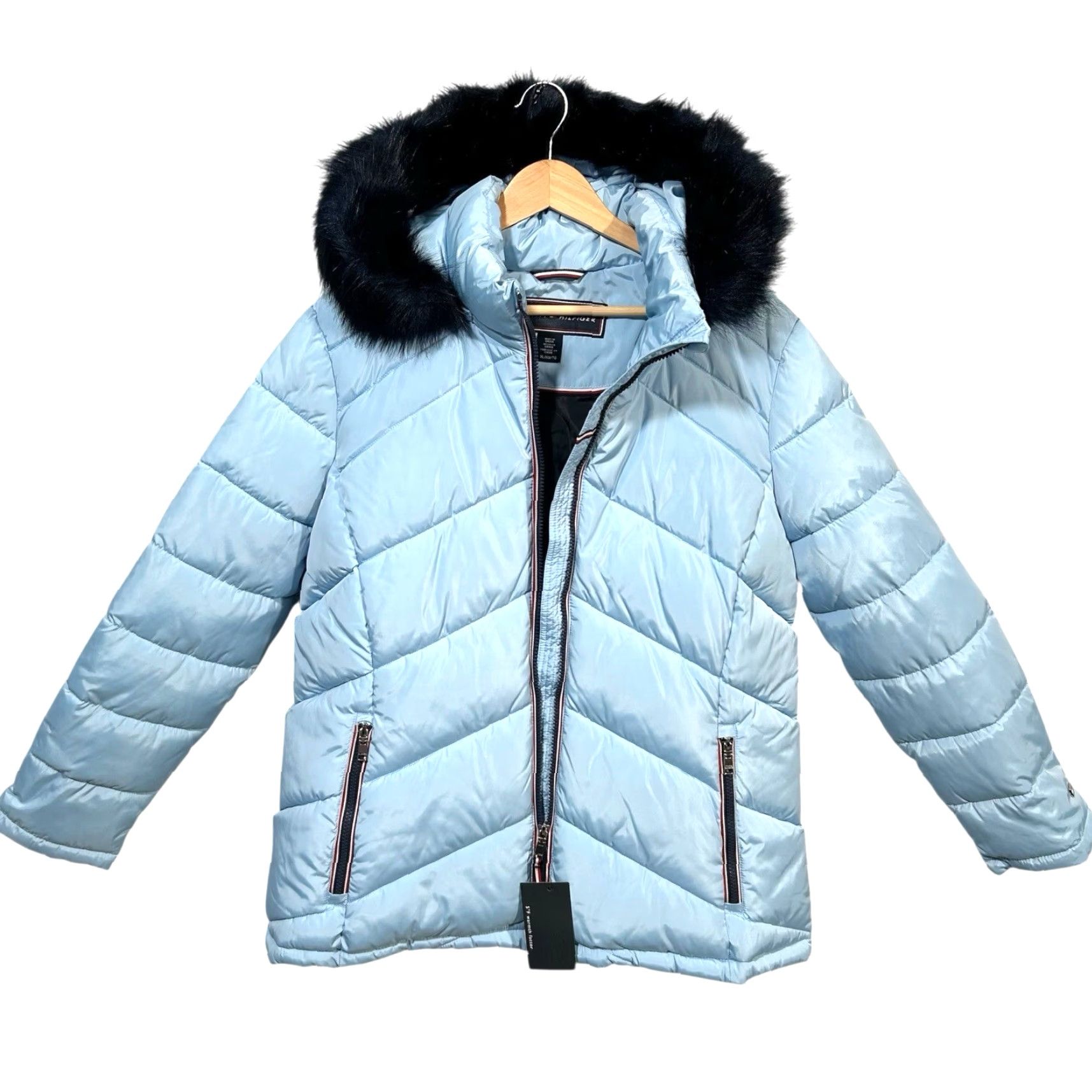 Tommy Hilfiger Tommy Hilfiger Women’s Fur Hood Puffer Jacket XS XL Light Blue Cerulean Cinched Waist Zip Pockets Quilted Winter Coat Mens Womens Girls Boys Size XL / US 12-14 / IT 48-50 - 4 Thumbnail