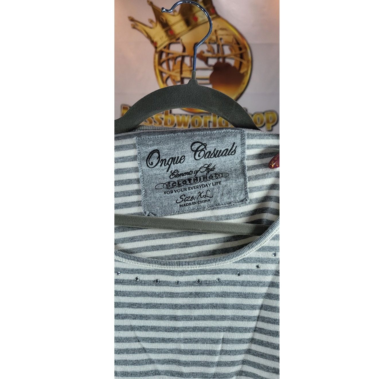 Other Onque Casuals Grey White Stripe Rhinestone Neck Shirt XL Size XL / US 12-14 / IT 48-50 - 5 Thumbnail