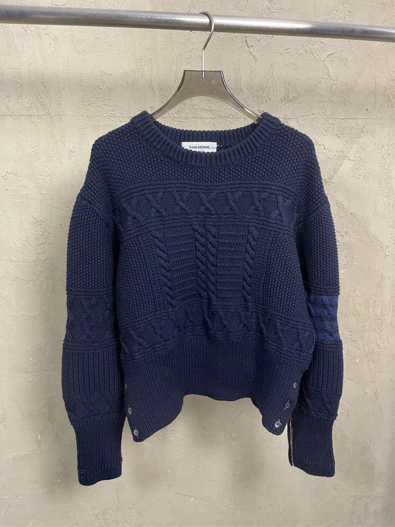 Thom Browne Thom Browne Dark blue four-striped jacquad round-neck wool Size US XL / EU 56 / 4 - 1 Thumbnail